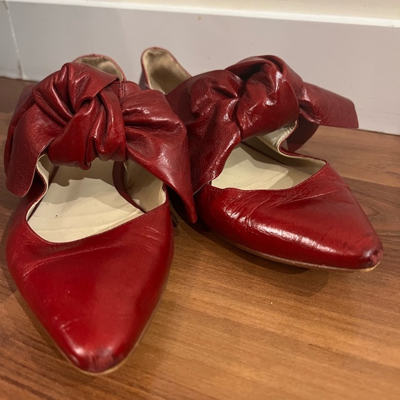 Zara Red Leather Bow Flats - Picture 4 of 8